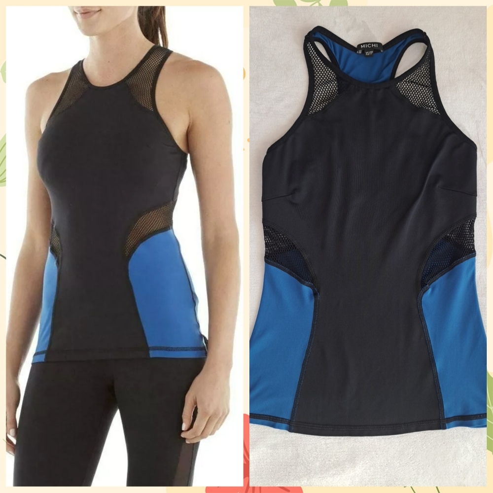 MICHI XS Blue Black Mesh Stretch Sleeveless Racerback Activewear Yoga Tank Top